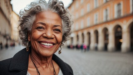 A delighted mature black woman with silver curls, a broad smile, and elegant earrings, standing on a historic city street, radiating happiness. - obrazy, fototapety, plakaty