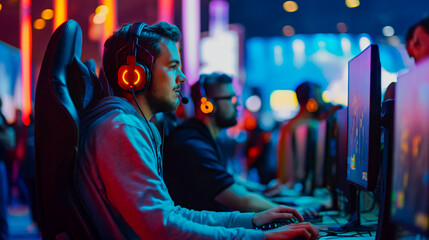 Fototapeta premium World region gaming expo, gaming industry event or gaming competition amusement, with many live-action players