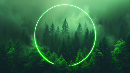 green clean logo, empty neon circle frame, on forest background, glowing circle in the middle of trees