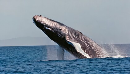 Fototapeta premium A large whale, jumping out of the ocean with great strength and elegance. Concept of marine animals or nature