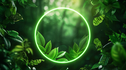 glowing green neon circle - frame surrounded by leaves