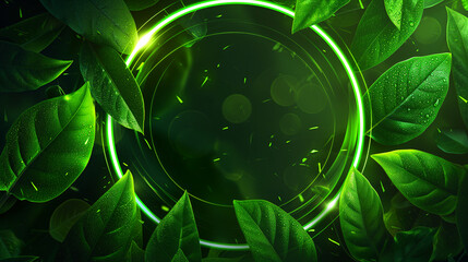 glowing green neon circle - frame surrounded by leaves