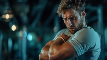 Fototapeta na wymiar Muscular Man Flexing His Muscles in a Gym