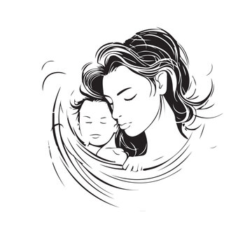 Mother with baby in cartoon, doodle style . Image for t shirt. Isolated 2d vector illustration in logo, icon, sketch style, Eps 10, black and white. AI Generative