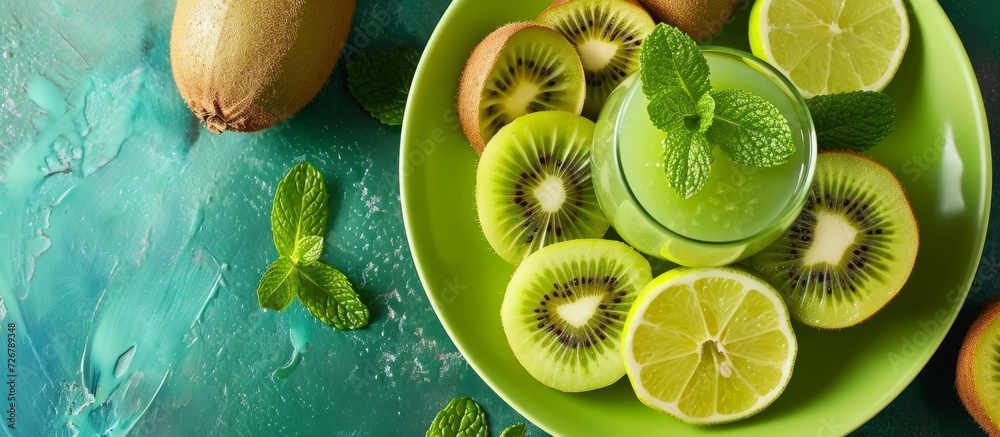 Canvas Prints A green plate on the table holds fresh kiwi juice with mint leaves and sliced exotic fruits, leaving space for text.