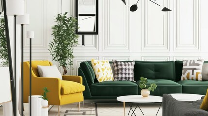 Chic Living Room with Green Sofa and Mirrors
