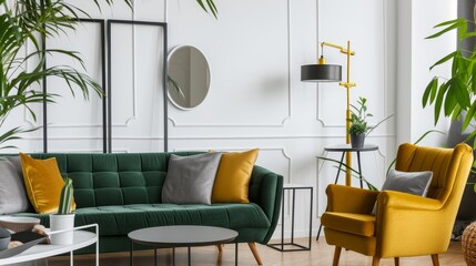 Chic Living Room with Green Sofa and Mirrors