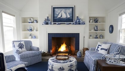 bright room with blue and white decor with fireplace