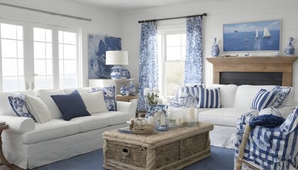 bright room with blue and white decor