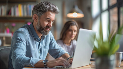 Fototapeta premium A Man Sitting at a Table Using a Laptop Computer