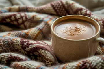A warm cup of creamy hot chocolate with a sprinkle of cinnamon, nestled in a cozy knitted blanket