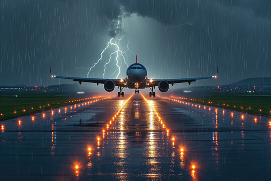 passenger jet taking off from a runway in the rain