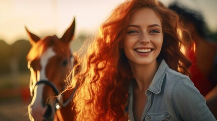 Portrait of a beautiful young woman with red hair and a horse