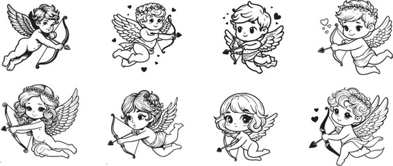 cute little cupid silhouettes, baby angel cupid vector set, black and white vector angel graphics character without background, 