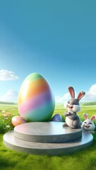 easter egg with bunny ears in a lush field of grass clear blue sky, ai generated