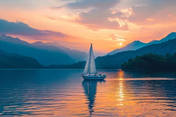 Zelfklevend Fotobehang person sailing a boat on a river at sunset © mila103