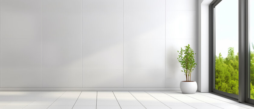 Extra wide white neutral and beige virtual interior empty room background backdrop banner image with window for online presentations and zoom video calls meetings