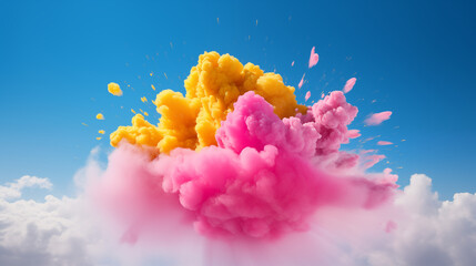 Abstract color explosion in sky with pink and yellow clouds. Pop art.