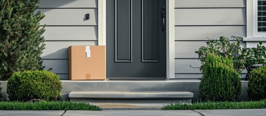 Contactless delivery service for suburban homes with a modern grey front door, accompanied by a cardboard box and a front porch with green shrubs and grass. - Powered by Adobe