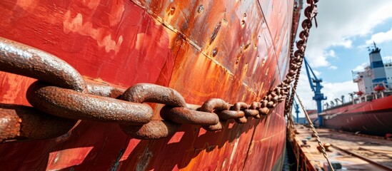 Cargo ship's anchor chain being repaired and painted in shipyard.