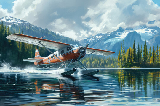 seaplane taking off from a lake. The water is calm, and there are trees and mountains in the background