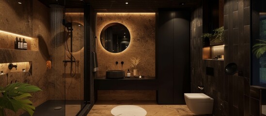 Boho-style bathroom with a walk-in cabin, rain shower column, black built-in cabinets, honey-colored wood tiles, and a round LED light mirror.