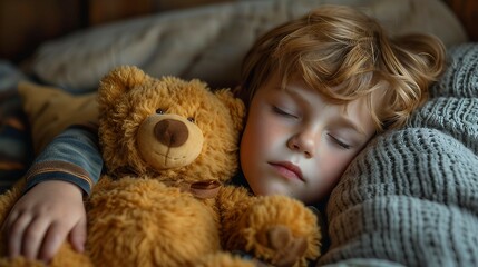Boy sleeping with teddy bear. AI generate illustration