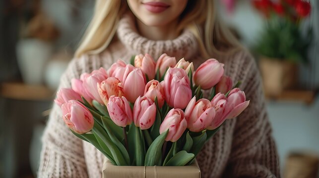 Woman holding a bunch of pink tulips against. AI generate illustration