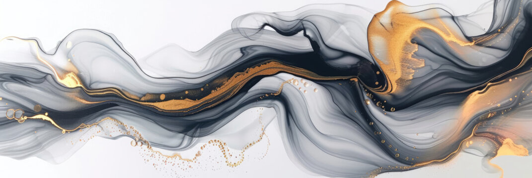 a painting featuring gold and black swirls and bubbles,Gold abstract black marble background art paint pattern ink texture watercolor white fluid wall. Abstract liquid gold design luxury