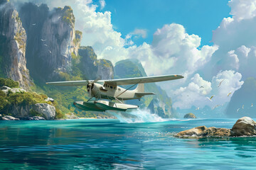 seaplane taking off from an ocean bay. The water is calm, and there are cliffs and rocks in the...