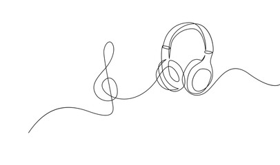 One line headphones. Continuous drawing of music gadget and note template