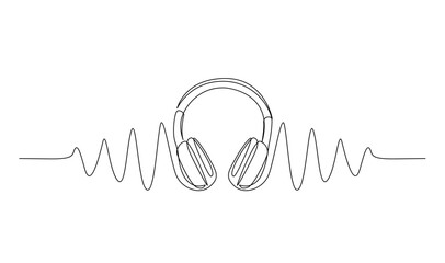 One line headphones. Continuous drawing of music gadget and note template - obrazy, fototapety, plakaty