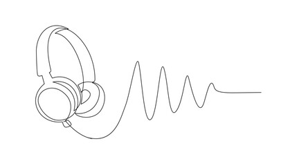 One line headphones. Continuous drawing of music gadget and note template - obrazy, fototapety, plakaty