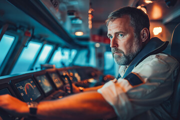 Captain in control of the cruise, Navigation officer on watch during cargo operations, oil tanker vessel. - obrazy, fototapety, plakaty