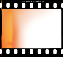 Fototapeta premium Artistic 35mm film strip template with transparent frame cell and background (PNG image) with film red light leak for retro film simulation
