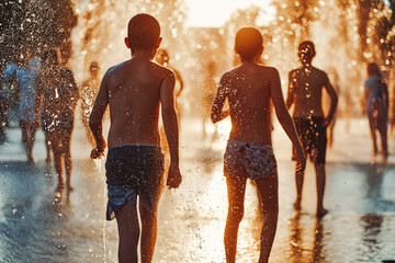 Exhausted people cooling with splashes of water in fountain in extreme heat. Heatwaves are more and more common. - obrazy, fototapety, plakaty