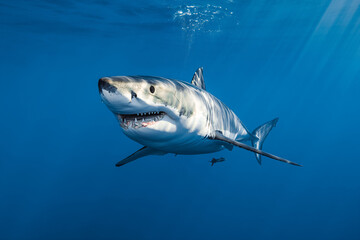 Fototapeta premium Dangerous Great white shark swimming in ocean. Threat for humans on beaches.