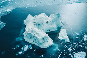 Iceberg and ice from glacier in arctic nature landscape on Greenland. Aerial photo drone photo of icebergs in ice fjord. Affected by climate change and global warming - obrazy, fototapety, plakaty