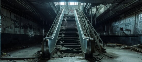 Abandoned subway station with broken escalator, eerie and dimly lit.