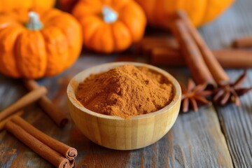 pumpkin pie spice on a table next to pumpkins and cinnamon