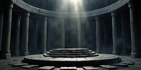 Deurstickers Dark room with columns and circular floor. for  fantasy settings, mysterious themes, and architectural concepts, Background podium column 3d roman luxury greek white ancient display product classic. © Planetz