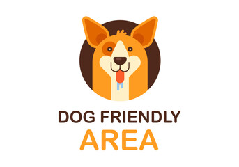 Dog friendly area sign. Pet friendly vector label. Stamp or sticker with dog friendly text. Funny vector dog illustration.