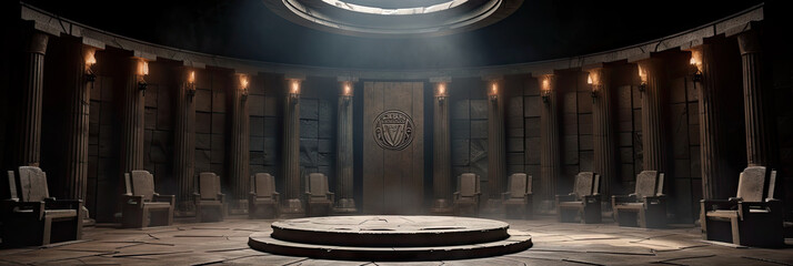 Dark room with columns and circular floor. for  fantasy settings, mysterious themes, and architectural concepts, Background podium column 3d roman luxury greek white ancient display product classic.