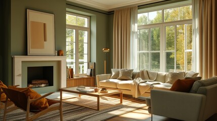 Fototapeta premium Cozy and small luxury all sage green and amber living room, beautiful fireplace 