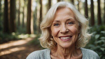 Joyful elderly blonde woman with a bright smile, surrounded by nature, expressing happiness and a strong connection with the environment.