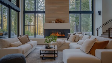 Cozy and small luxury all tan living room, beautiful fireplace, large windows, minimalistic 