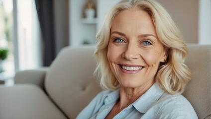 Warm close-up of an elderly blonde woman smiling at home, showcasing a relaxed and content demeanor with a hint of elegance.
