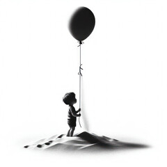 Step into a world of solitary whimsy with this black and white image, featuring a little boy alone with a floating balloon on an isolated white background. The monochrome silhouette evokes a sense of 