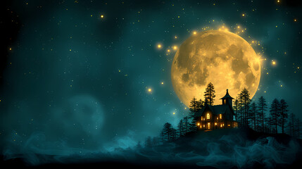 Naklejka premium Cosmic Seclusion: Full Moon Over Timber Home