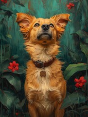 jungle shot, acrylic painting, Dog facing camera, full body pose, focus on Dog - generative ai